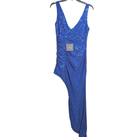 Ieena For Mac Duggal Cobalt Blue Sequin Draped Hi-lo Assymetrical Gown Dress 8 - Picture 5 of 7